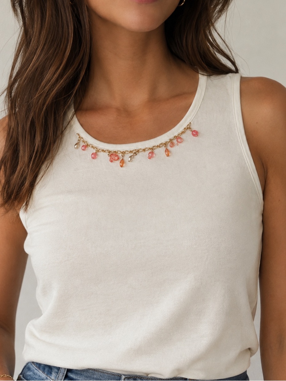 Vtg Marisa Christina Cream Knit Tank Gold Beaded Neckline Size Large Silk Cotton